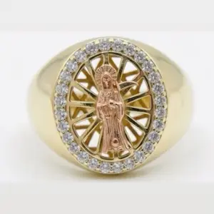 Anillo de Santa Muerte Oro14k Size -9.5 con Detalles de Zirconiasy Diseño Único