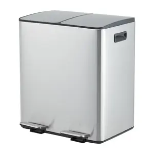 Dual Compartment Stainless Steel Kitchen Trash Can with Soft Close Odor-Proof Lid and Step Pedal, 2 x 5.3 Gallon / 20L Removable Buckets, Fingerprint Resistant Rectangular Recycling Bin for Kitchen or Laundry Room
