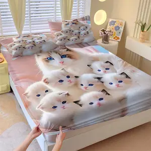 3Pcs Fluffy Kitten and Cat Themed Fitted Sheet Set, Adorable White Kittens with Blue Eyes and Protective Mother Cat Print, Soft and Cozy Fabric Perfect for Pet Lovers, Ideal for Indoor Decor, No Pillow Core, Bed Sheets