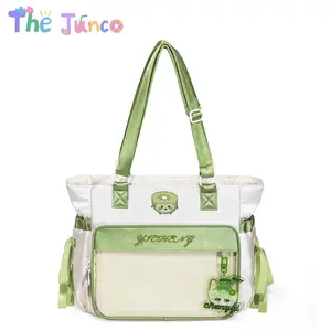 The Junco Kiwi Ribbon 4-Way Ita Bag | Cottagecore Matcha Green Satin Backpack & Satchel | 3D Embroidery Clear Merch Window for 12.9 iPad | Preppy School & Travel Tote