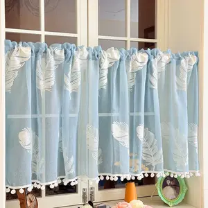 1pc Light Blue Sheer Curtain, Luxury Feather Embroidery Pom-Pom Coffee Curtain, Kitchen Bedroom Multi-Scene No Drilling Decorative Curtain