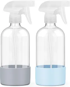 2 Pack Glass Spray Bottles with Silicone Sleeve, 16 oz Empty Refillable Containers with Adjustable Spray Nozzles, Spray Bottles for Hair, Cleaning Solutions and Plants Blue&Grey