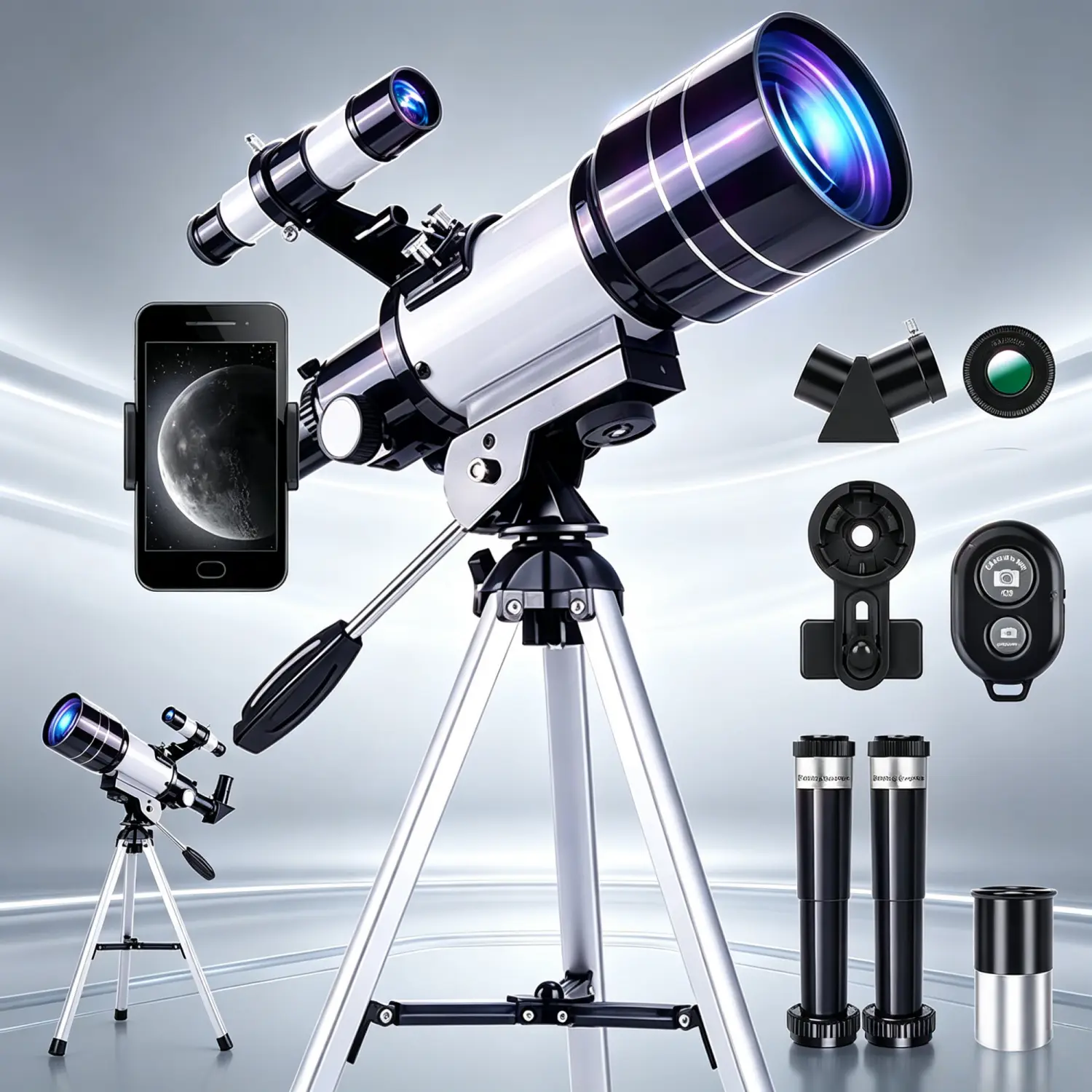 150X 70mm Aperture Portable Astronomical Telescope for Adults, High Magnification 75x Zoom Refracting Telescope, Tripod, Phone Holder, Eyepiece, Barlow Lens, Wireless Remote Control, Star Moon Viewing, Nature Education Exploration