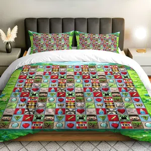 3PCS Duvet Cover Set, 1 Duvet+2 Pillowcases(Without filler), Pixel Gamers Fun Colorful Block  Theme, No Festival bedding set, Minecraft Inspired  Room Bedroom Dorm Living Room Decoration.