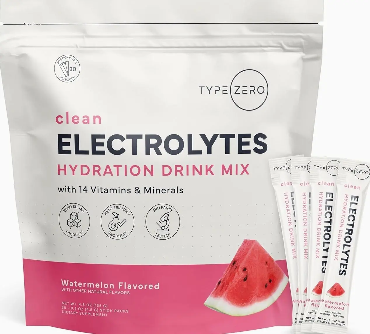 Type Zero Sugar Free Electrolytes Powder Packets + Clean Hydration Powder Stick Packs with 14 Vitamins and Minerals - Watermelon Flavor, 30 Servings