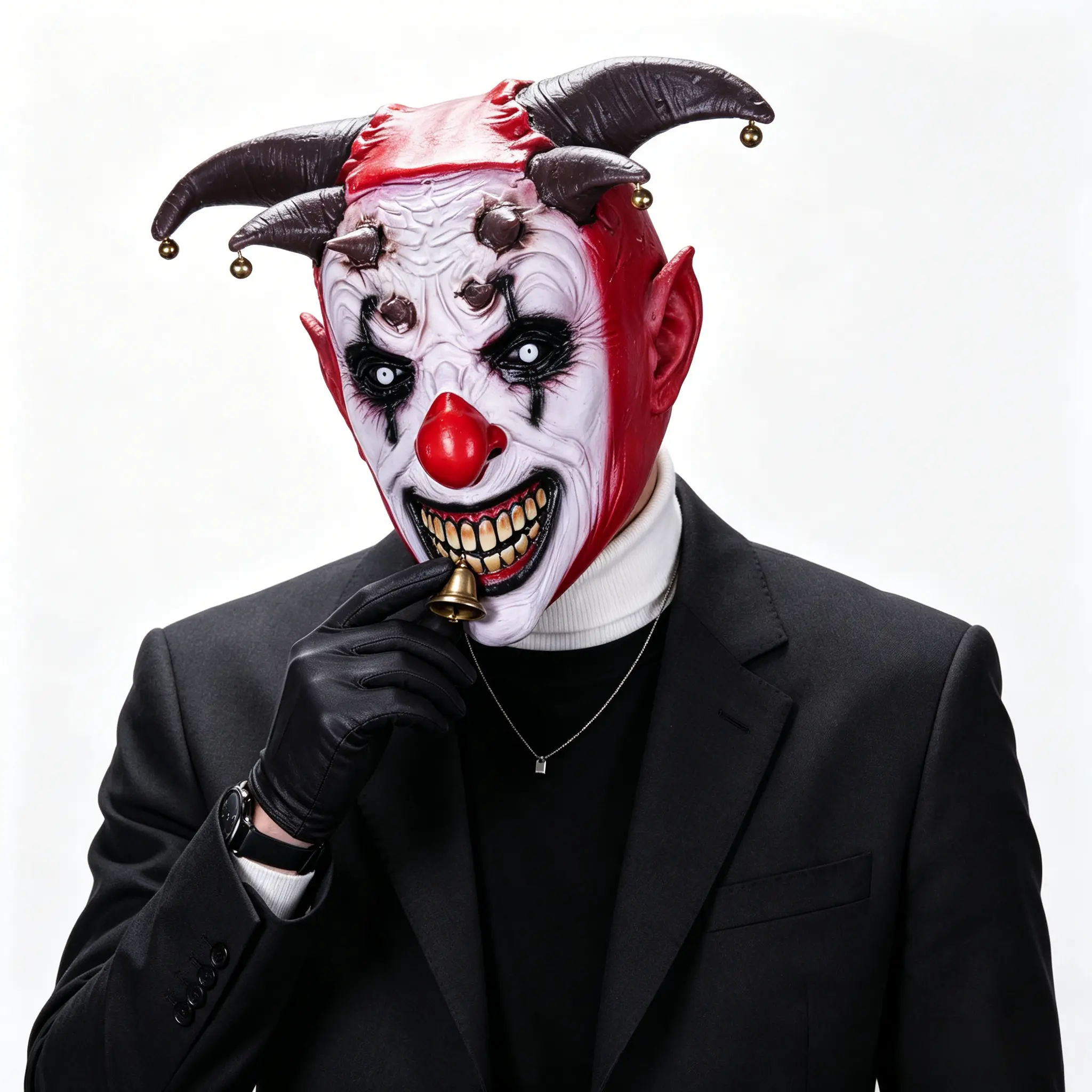 Unique Demon Clown Latex Mask with Horns & Golden Bells, Scary Prank Costume Mask, Viral Prop for Thriller TikTok & Halloween Parties