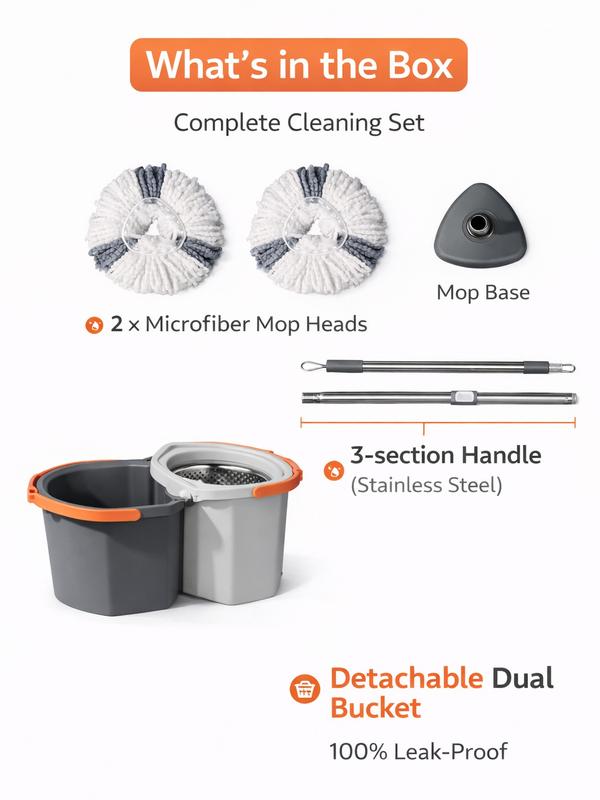 360° Rotating Spin Mop & Bucket Set with Double Bucket System & 3 Microfiber Heads for Easy Home Cleaning