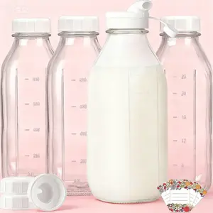 32 Oz Glass Jars with Lids, 100% Airtight Seal Heavy Duty Screw Top, 4 Pack Drinking Bottles for Milk Honey Jam, Dishwasher Safe Leakproof Containers, Extra Pour Spout and Replacement Caps