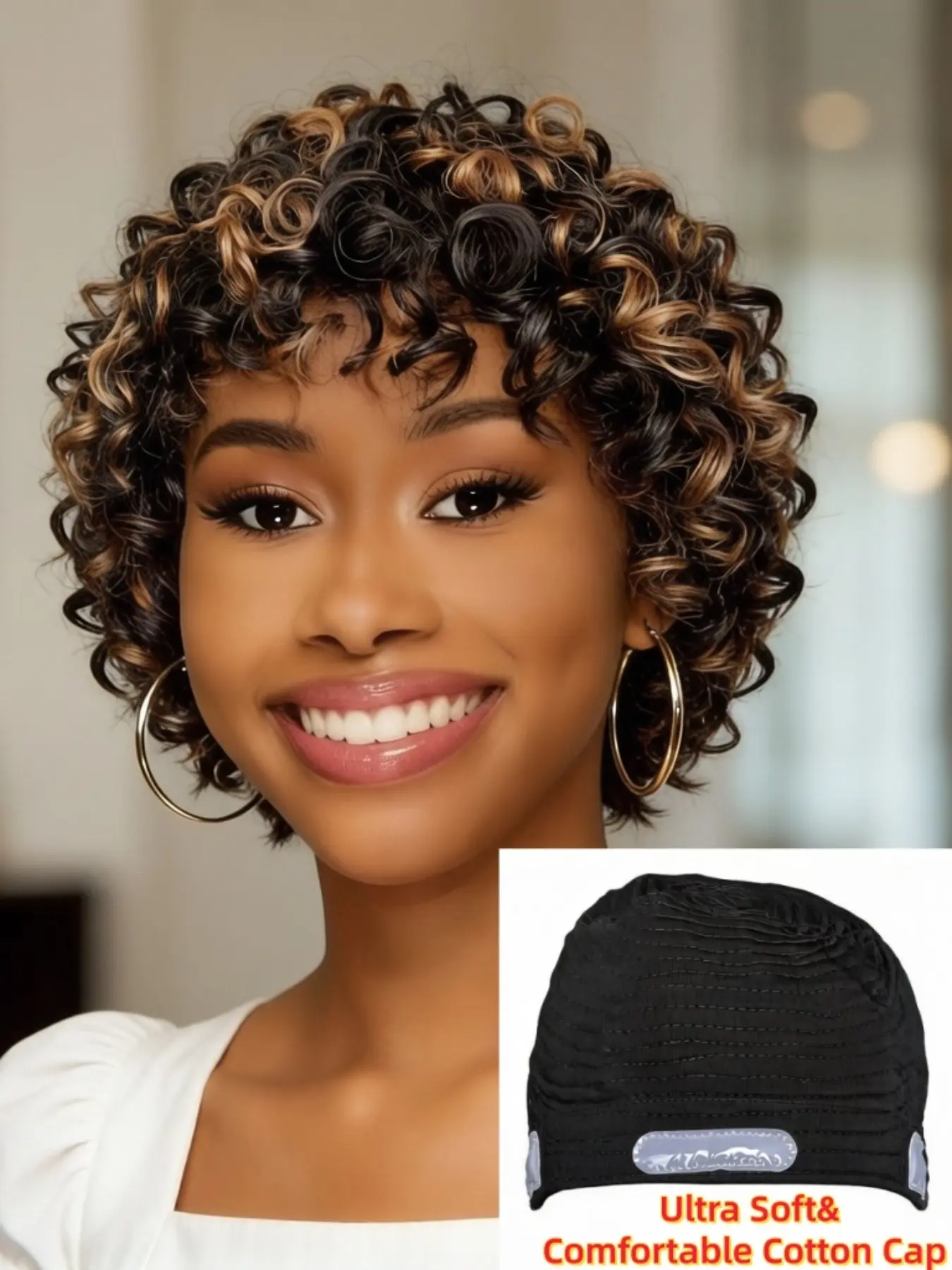 8 Inches Deep Curly Texture Wig, Human Hair Glueless Attachment Wigs, Curly Textured Wigs, Pixie Cut Design Short Wigs with Bangs, Ultra Soft Cotton Cap, 200% Density