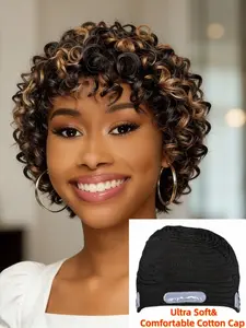 8 Inches Deep Curly Texture Wig, Human Hair Glueless Attachment Wigs, Pixie Cut Design Short Wigs with Bangs, Ultra Soft Cotton Cap, 200% Density