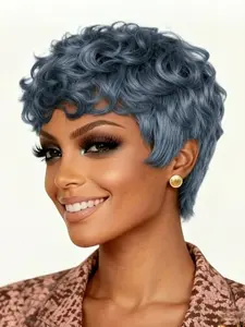 Women's Human Hair Wig Pixie Cut with Bangs, Loose Curly Straight Design, Perfect for Cosplay & Daily Wear, Human Hair Bob
