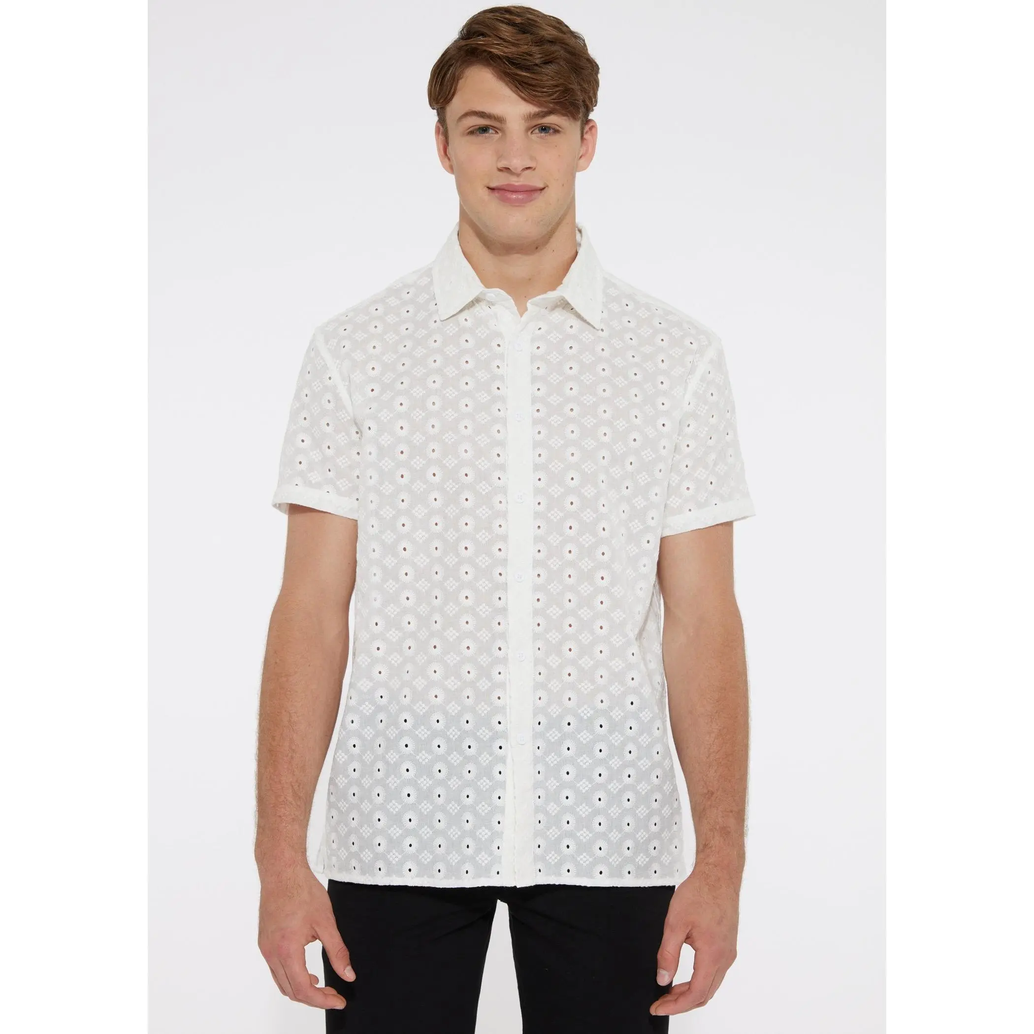 WHITE COTTON EYELET WOVEN SHORT SLEEVE SHIRT PM-43002
