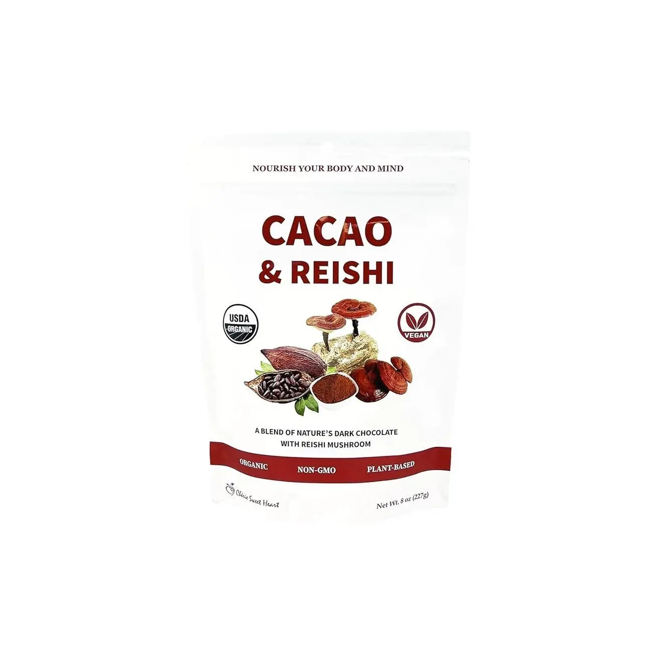 Cacao & Reishi Mushroom Blend Powder, 8oz - Organic, Non-GMO, Vegan, Gluten Free, Keto Bag – Antioxidant-Rich Raw Cacao with Adaptogens to Support Relaxation & Wellness