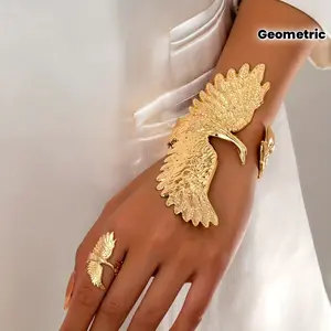 Bold & Edgy Punk-Style Jewelry Set: Eagle-Themed Open Ring and Cuff Bracelet featuring a Smooth Finish, Unique Retro Patterns, and Geometric Design