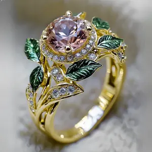 A Stylish And Exquisite 14K Gold-Plated Fairy Engagement Ring Set with Dazzling Pink Synthetic Zirconia, Perfect for Weddings, Proposals, And Suitable for Everyday Wear at Balls, Banquets, Parties, And Cocktail Events
