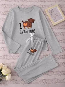 Women's Long Sleeve Pajama Set Cartoon Sausage Dog Heart Print, Cute Pajama Sets, Casual Fitted Sleepwear Loungewear for Spring & Fall, Comfortable Nightwear