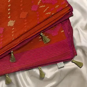 Vibrant Orange Handloom Dhakai Jamdani Saree: Lightweight Weave, Rich Motifs