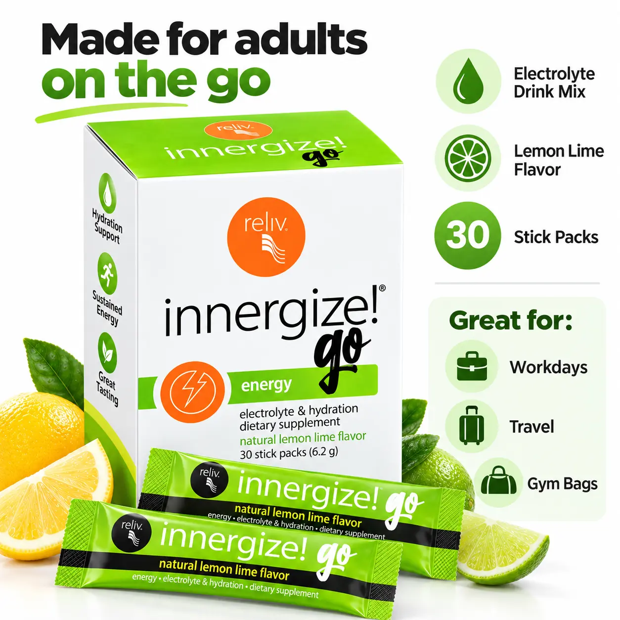 Reliv Innergize Go Lemon Lime Electrolyte Drink Mix with Caffeine | 30 Stick Packs