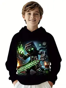 Boys Hooded Sweatshirt with Anime Warrior Print, Graphic Print Hoodie, Soft Fleece Lining, Casual Fall & Winter Wear, Kids Clothing