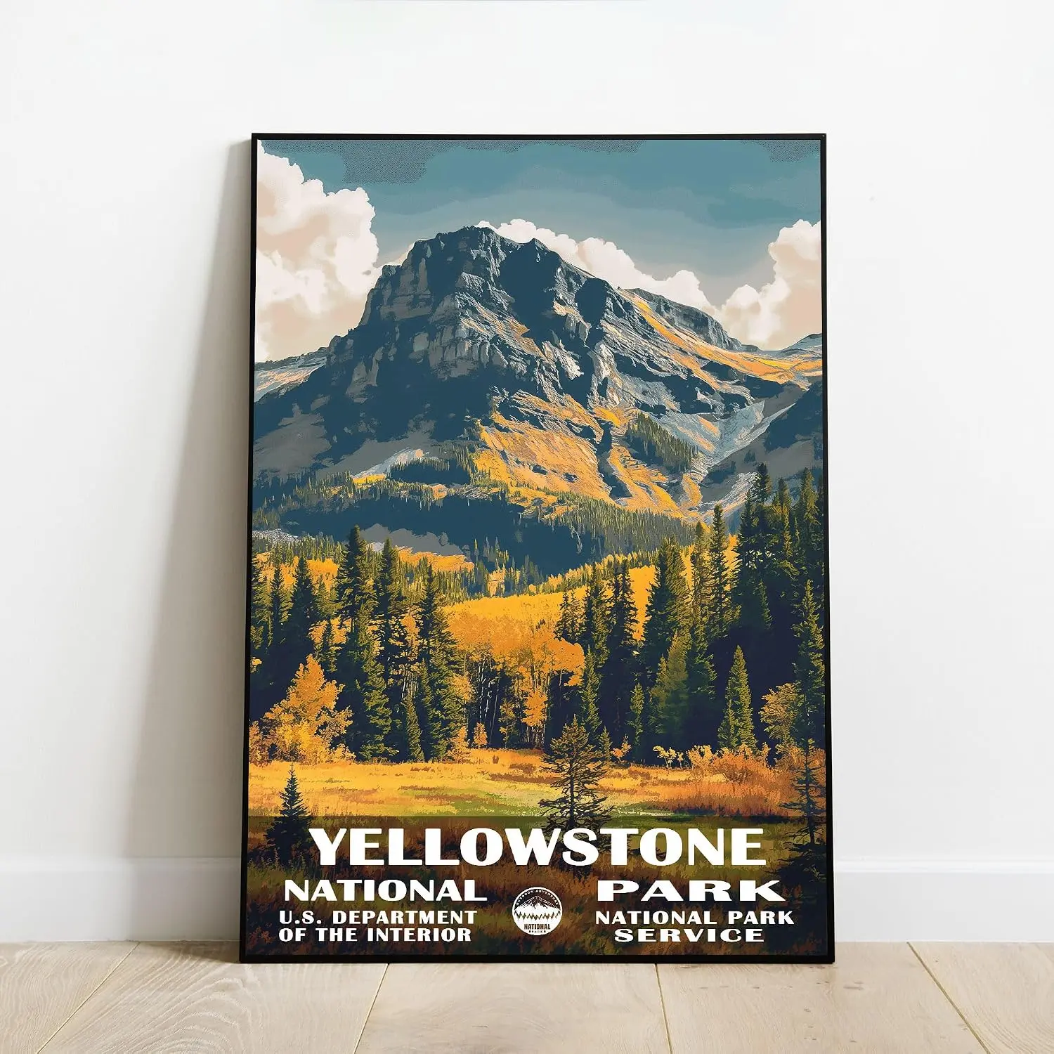 Yellowstone Mountain Landscape Unframed Poster, Vintage National Park Style Wall Art, Autumn Forest Travel Print, Glossy Nature Decor for Living Room Office