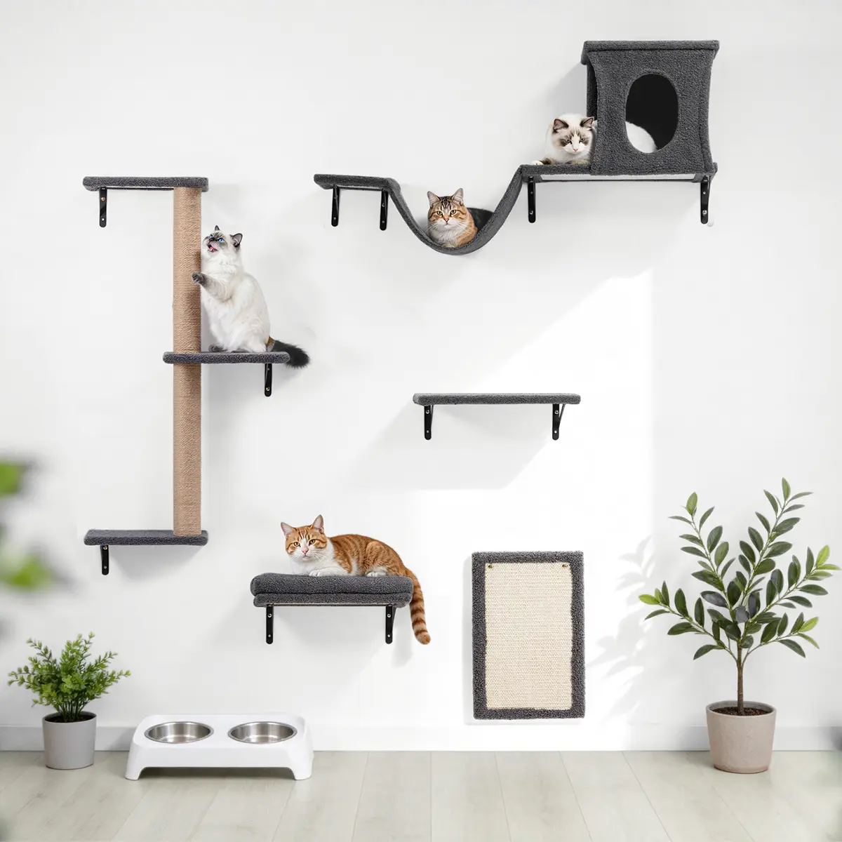 DOMIPET 5 in 1 Wall Furniture, Cat Wall Shelves Perches Set, Sleeping Playing Lounging Climbing Wall-mounted Cat Tree House for Multiple Cats, with Scratching Post, Tunnel, Bridge, Tree, Steps, Scratcher Board & Hammock, Indoor Cat Shelves for Luxury,DFYD