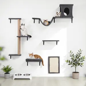 DOMIPET 5 in 1 Wall Furniture, Cat Wall Shelves Perches Set, Sleeping Playing Lounging Climbing Wall-mounted Cat Tree House for Multiple Cats, with Scratching Post, Tunnel, Bridge, Tree, Steps, Scratcher Board & Hammock, Indoor Cat Shelves for Luxury,DFYD