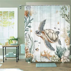 High-Quality Turtle Pattern Print Shower Curtain with 12 Hooks, Durable Fabric, Suitable for Home Hotel Apartment Dormitory