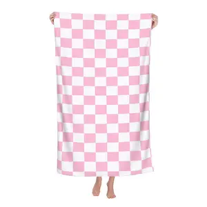 [Quick Dry | Small Checkered] Quick Dry Small Checkered Beach Towel | White and Candy Pink | Bathing Yoga Spa Gym Pool Towels Cover-ups Sand Free