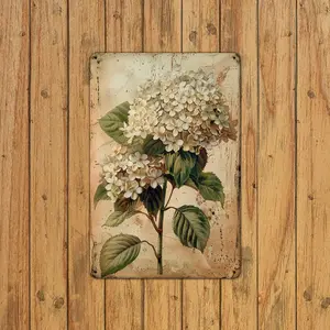 Vintage Hydrangea Metal Wall Art - 8x12" Rustic Tinplate Sign with Realistic White Flowers & Green Leaves, Fade-Resistant, Easy to Hang for Home, Bar, Cafe, Garden Decor, Outdoor Wall Decor |   Classic Style |   Durable Metal Sign, Garden Decorations