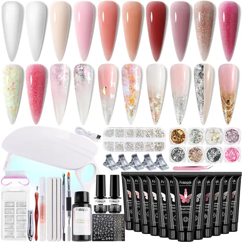 Fcozpjk Beginner-Friendly Nail Art Extension Kit - Mini Lamp, 12-Color Builder Gel, Base Coat, Dual Forms, Slip Solution, Clipper, Brush, Pen, 8pcs Glitter Powder, Stickers, 3pcs Nail Files, 30ml Components, 24-Month Durability At-Home Set