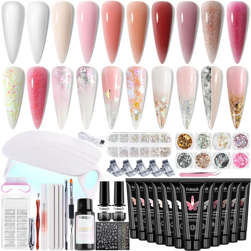 Fcozpjk Beginner-Friendly Nail Art Extension Kit - Mini Lamp, 12-Color Builder Gel, Base Coat, Dual Forms, Slip Solution, Clipper, Brush, Pen, 8pcs Glitter Powder, Stickers, 3pcs Nail Files, 30ml Components, 24-Month Durability At-Home Set