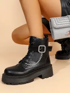 Women's Waterproof Ankle Boots, Side Zipper Design, Lace-Up Combat Boots for Walking and Work, Fashion PU Leather Platform Shoes