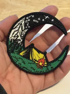 Crescent Moon Camping Patch | Hook and Loop Embroidered Patch | Campfire Tent Patch | Outdoor Adventure Morale Patch | Nature Lover Gift