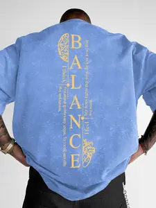 Men's "BALANCE" Washed Oversized Graphic T-Shirt, Double-Sided Print Casual Streetwear Tee, Minimalist Vintage Aesthetic Style Short Sleeve Top, Casual Streetwear Tops, Menswear #WashedTee #BalancePrint #StreetwearFashion #VintageTshirt #TikTokMadeMeBuyIt