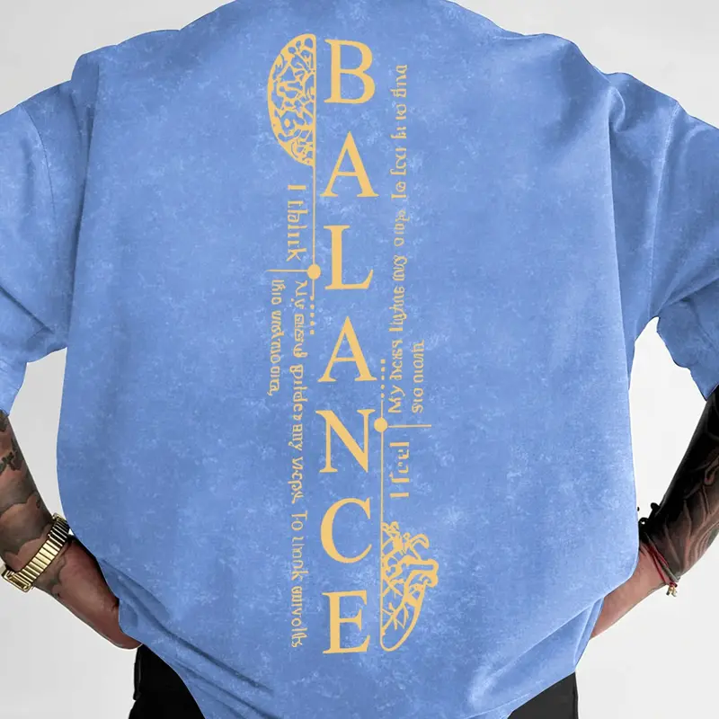 Men's "BALANCE" Washed Oversized T-Shirt, Apparel T Shirt, Double-Sided Graphic Print, Casual Streetwear, Minimalist Vintage Style Short-Sleeve Top