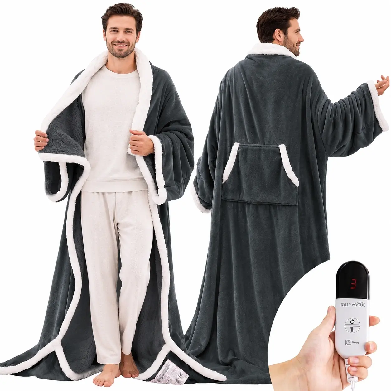 JOLLYVOGUE Wearable Heated Blanket - Heating Electric Blanket with Sleeves & Foot Pocket, Heated Throw for Adult, Birthday Gifts with 7 Heat Settings & Fixed 4h Auto Shut-Off