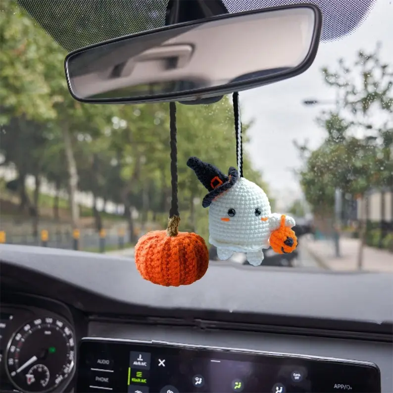 Cute Car Accessory, Hanging Crochet Ghost, Gift Ornament for Christmas, Fun Pumpkin in the Rearview Mirror, Ghost Swinging in the Car Ghost Car Hanger Crochet