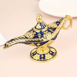 Golden Luxurious Arabian Style Zinc Alloy Magic Genie Lamp Ornament with Floral Pattern for Palace Banquet Decorative Craft Accessory and Home Display