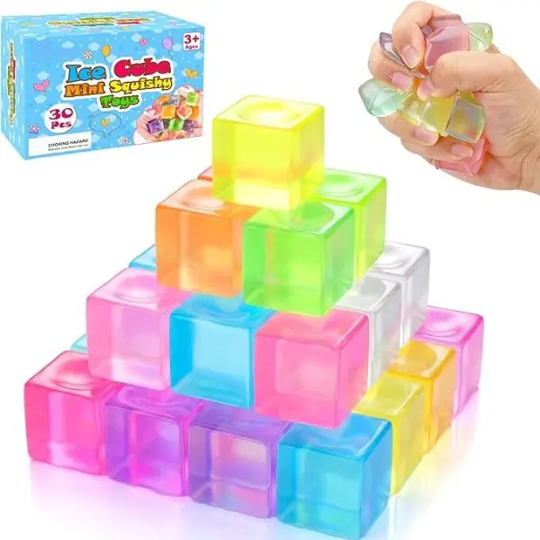 30 Pack Mini Ice Cube Squishy Fidget Toys Stress Relief Squeeze Cubes for Kids & Adults Sensory Anxiety Relief Toys Mini Stress Balls for Classroom Prizes Treasure Box Toys Party Favors Goodie Bags Easter Basket Stuffers