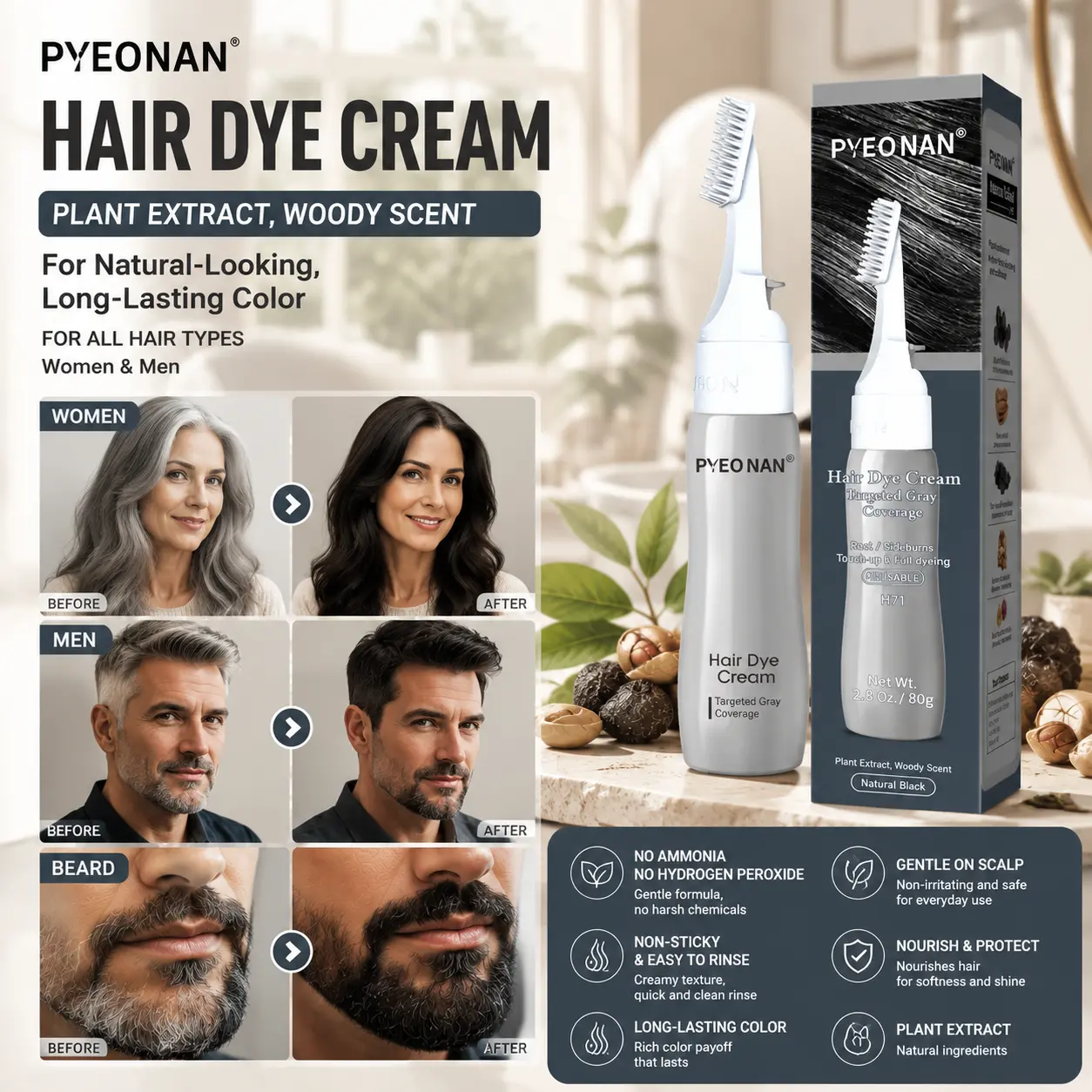 PYEONAN Ammonia-Free Hair Dye Cream for Gray Coverage, Gentle on Scalp Color with Plant Extracts, Easy Comb-In Application for All Hair Types, 80g (Natural Black/Dark Brown), Hair Care, All Types