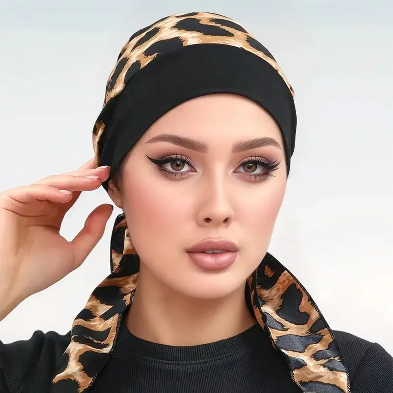 Leopard Print Muslim Hijab Cap Elastic Breathable Inner Undercap With Adjustable Strap For Daily Use Islam Turban Headscarf