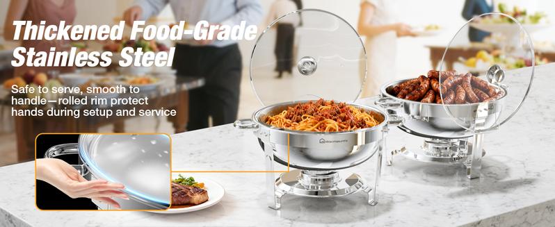 WARMOUNTS Round 5QT Chafing Dishes for Buffet with Glass Lid (2/4/6-Pack) | Chafers and Buffet Warmers for New Year‘s Party & Winter Gathering | Wedding & Catering