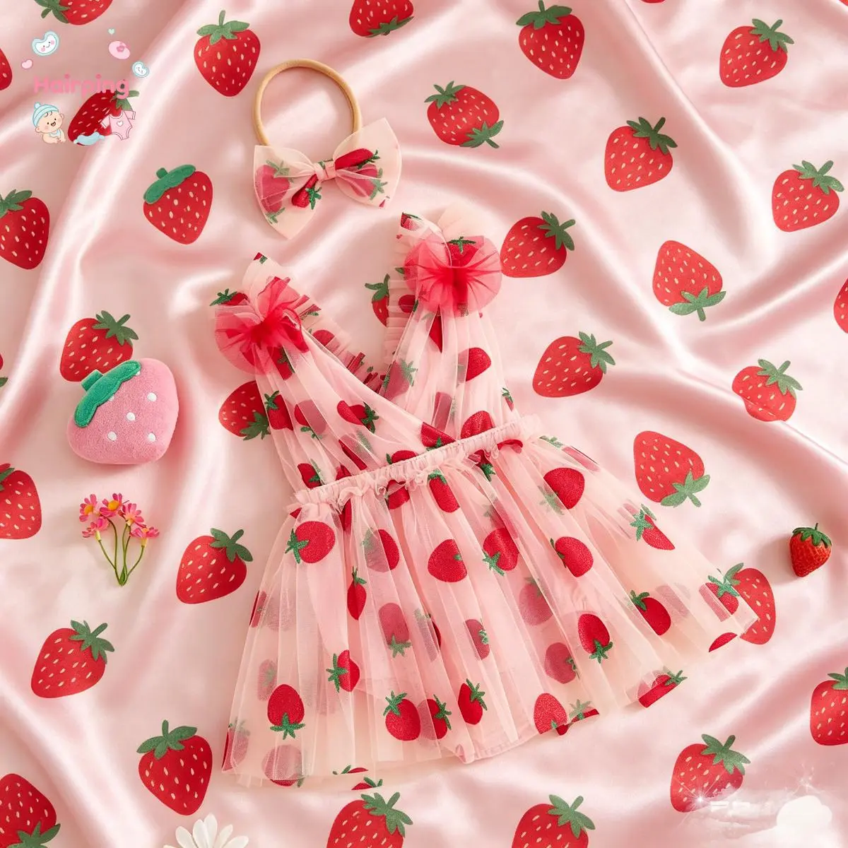Infant Baby Girl 2-Piece Fashion Apparel Set, Polyester Sleeveless V-Neck Glitter Strawberry Print Tulle Romper Dress & Bow Headband, Baby Clothes Girl Party Wear, Tulle Dress, Glitter Print