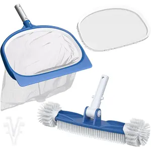 Swimming Pool Cleaning Kit Including Pool Skimmer Net, 18.5" Rotatable Round End Pool Brush Head, Changeable Leaf Skimmer Net, Pool Skimmer and Brush Set for Inground & Above Ground Pool (No Pole)