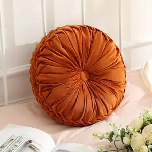 1 Pc Round Throw Velvet Decorative Pleated Accent Pumpkin Boho Chair Cushion Throw Pillow for Couch Sofa Home Decoration (Brunt Orange, 15'')