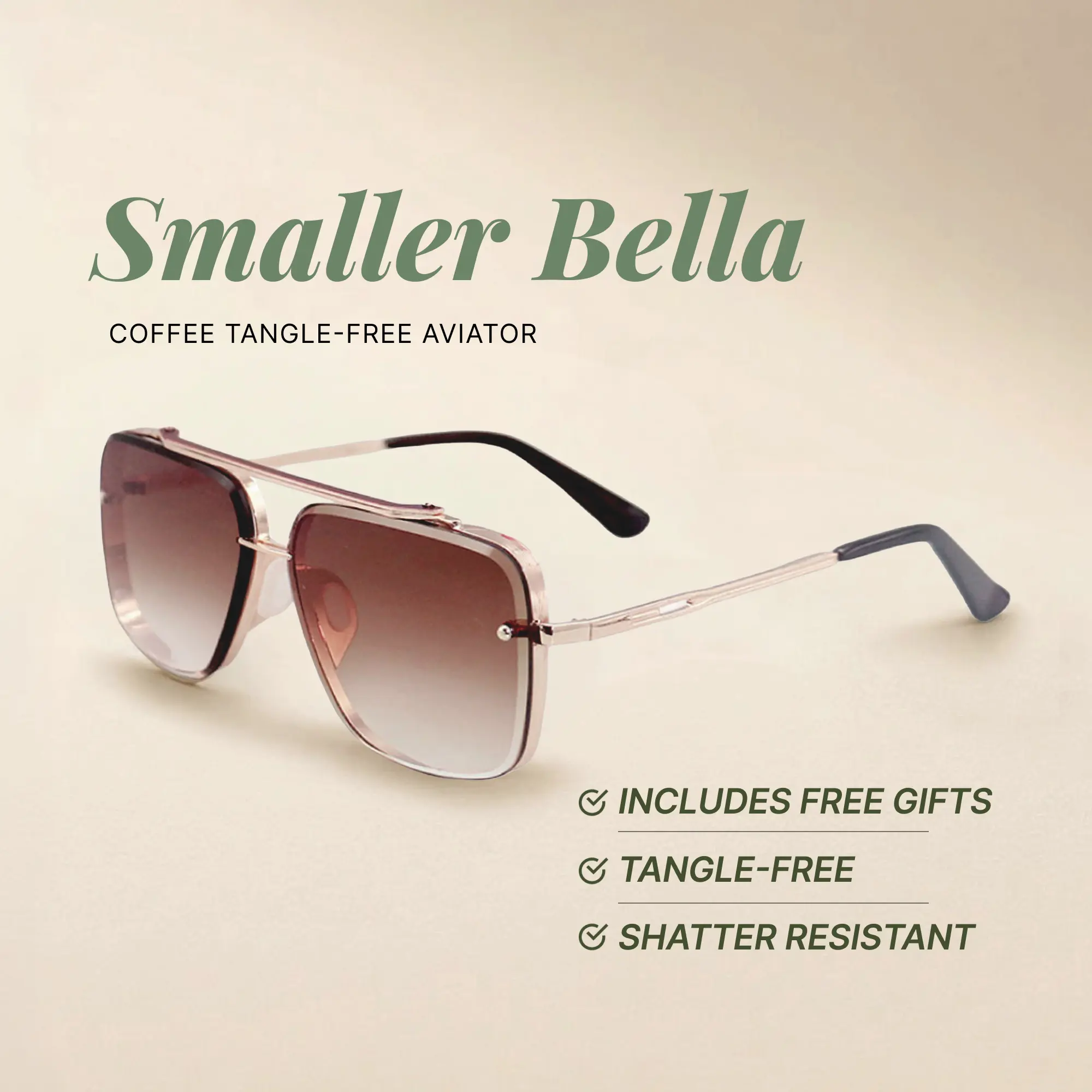 Smaller Bella - Coffee - Tangle Free Aviator Sunglasses - Certified Shatter-Resistant Lenses - UV400 - For Women & Men