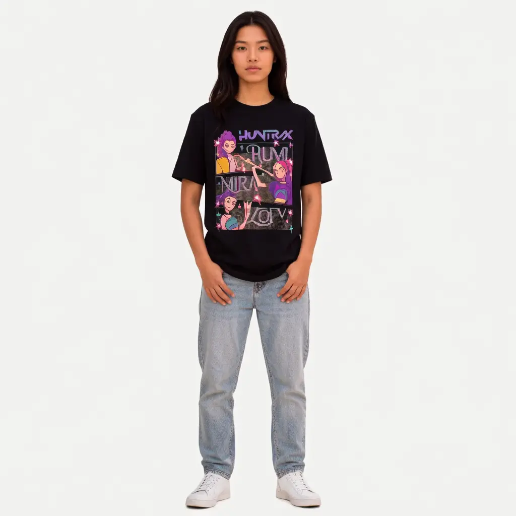 Lady Huntrix Kpop Devil Hunter Pattern T-Shirt - Black Top, Cute Anime Battle Monsters Like Rumi, Mira And Joey - Casual K-Pop Exhibition Outfit - Machine Washable Fan Gift, Pop Culture Clothing, Fun Design, Digital Print Quality