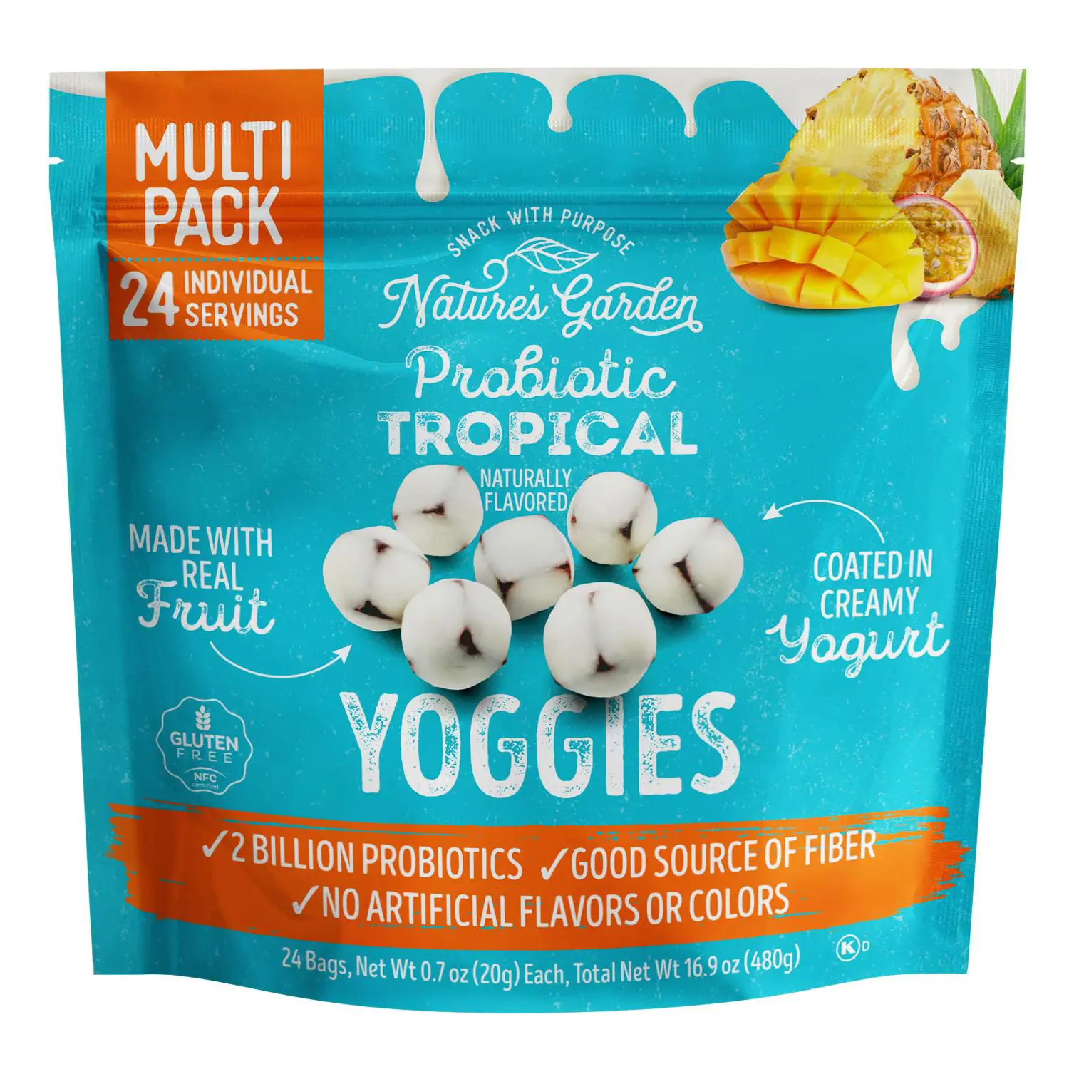 Natures Garden Probiotic Tropical Yoggies Multi Pack 24 Individual Servings Naturally Flavored with Real Fruit Coated in Creamy Yogurt