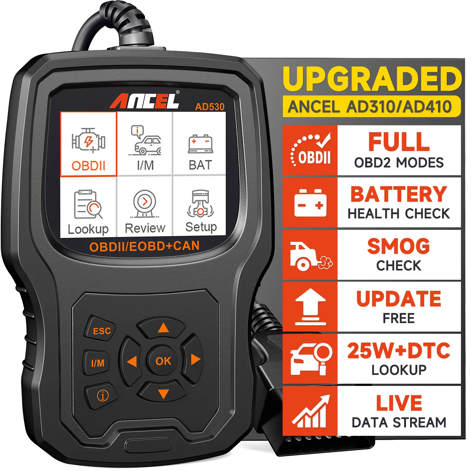 ANCEL AD530 OBD2 Automotive Diagnosis Scanner - Upgraded AD310 Model, Vehicle Diagnostic Scanner, Battery Test, Engine Light Code Reader, Full OBD2 Functions, Enhanced Code Definition, Graphed Battery Status