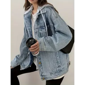 Women'S Hooded Denim Jacket, Oversized Vintage Denim Jacket, Stretchy And Loose, Comfortable And Lightweight, Detachable Drawstring Hoodie And Pocket Denim Jacket - Suitable For Various Occasions Such As Leisure, Outdoor, Parties, Etc Fit Sleeve